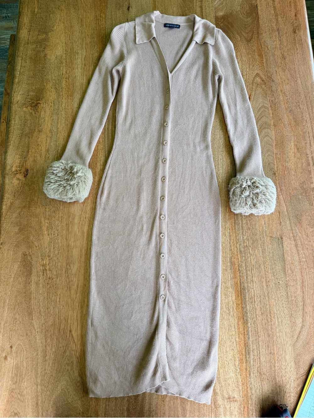 Saks Fifth Avenue Cream Rib-Knit Button-Front Dress with Faux-Fur Cuffs